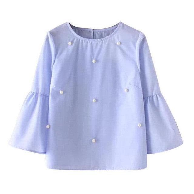 Women Fashion Flare Sleeve Office Street Style Elegant Three Quarter Blouse Beading Blouse O-Neck Casual Blue Pink Shirt Tops