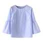 Women Fashion Flare Sleeve Office Street Style Elegant Three Quarter Blouse Beading Blouse O-Neck Casual Blue Pink Shirt Tops