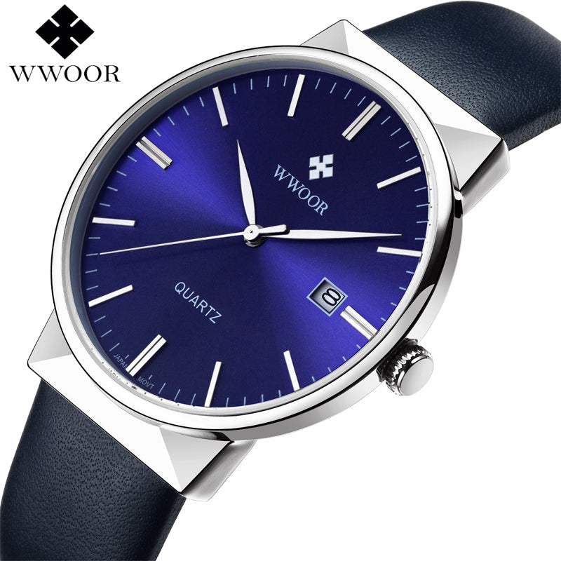 WWOOR Men's Watch Brand Luxury Waterproof Analog Quartz Clock Male Leather Belt Casual Sports Watches Men Blue relogio masculino