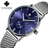 Men's Watches Brand WWOOR Quartz Watch Men Silver Steel Mesh Strap Casual Sports Wrist watch ultra Date Clock Male Waterproof