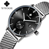 Men's Watches Brand WWOOR Quartz Watch Men Silver Steel Mesh Strap Casual Sports Wrist watch ultra Date Clock Male Waterproof