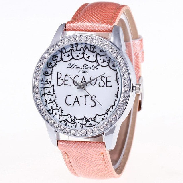 Women luxury Watch Because Cats Printing Analog Quartz Watch Leather Band Rhinestone Wrist Watch clock bracelet women watch