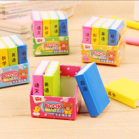 4 pcs /bag Book mini rubber eraser creative stationery school supplies Student eraser papelaria gift for kids Cartoon eraser