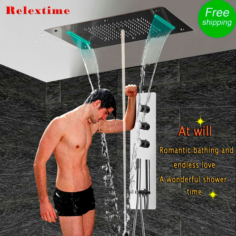 Thermostatic Shower Panel Stainless Steel LED Rain Waterfall Big Shower Head Ceiling Bathroom Faucet Set Wall Mounted Rainfall