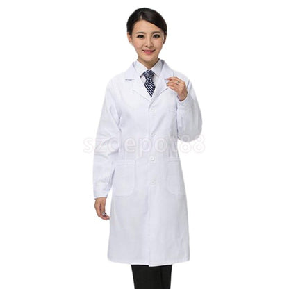 Women Scrubs White Lab Coat Medical Nurse Doctor Uniform Lapel Neck Long Sleeve