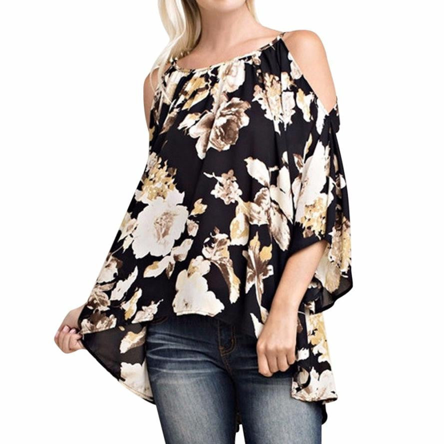 Women Floral Print 3/4 Sleeve Off Shoulder Loose Casual Swing Tops Shirt Blouse