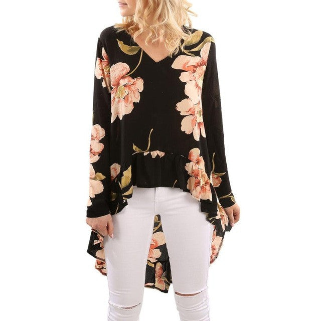 Ruffles Irregular Tops Blouse 2017 Autumn Women Floral Print Long Sleeve Shirt Casual Chiffon Long blusa branca feminina