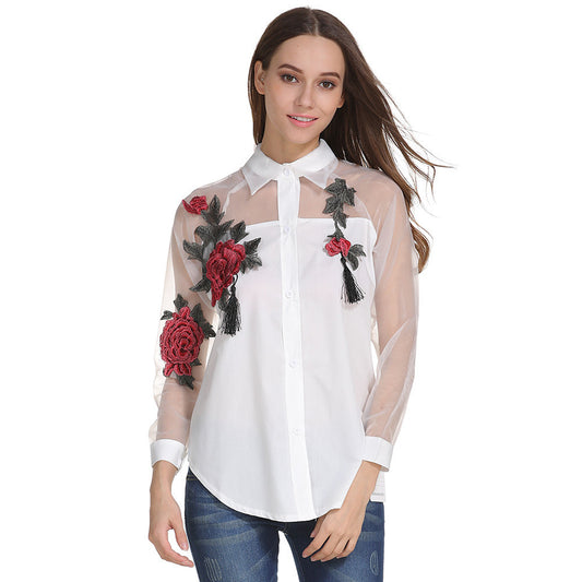 Women Embroidered Long Sleeve Shirt Hollow Mesh Yarn Blouse Tops Blouse