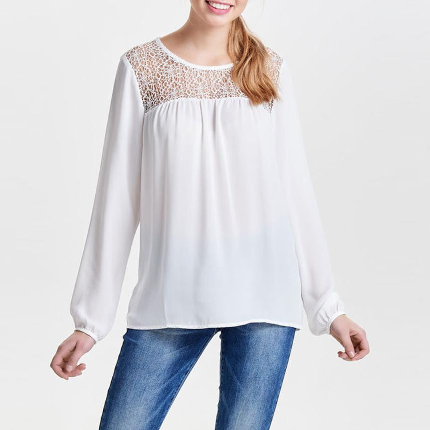 Sexy White Lace Blouse Shirt Women Tops Elegant Hollow Out Blouse Autumn Solid O-Neck Chiffon Chemise Femme Top Blusas