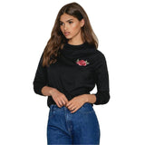 Women Blusas Flower Embroidery Blouse Round Neck Long Sleeve Tops Shirt Sexy Black blusas de la femenina