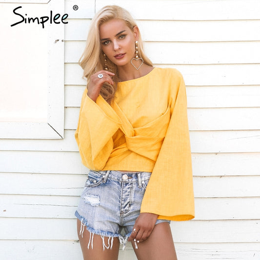 Simplee Autumn cross flare sleeve blouse shirt Women elegant short white tops blusas Feminina summer casual linen blouse blusa