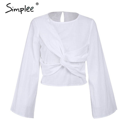 Simplee Autumn cross flare sleeve blouse shirt Women elegant short white tops blusas Feminina summer casual linen blouse blusa