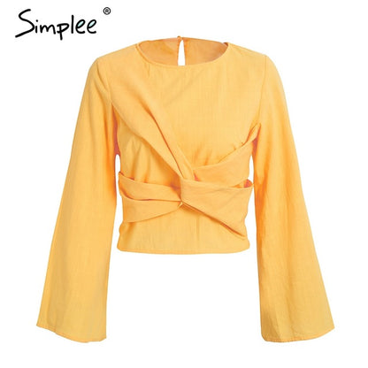 Simplee Autumn cross flare sleeve blouse shirt Women elegant short white tops blusas Feminina summer casual linen blouse blusa