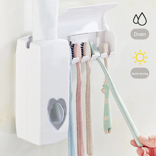 Plastic Toothbrush Holder Wall Mounted Toothpaste Dispenser + 5 Toothbrush Holder Toothbrush Stand Bathroom Products