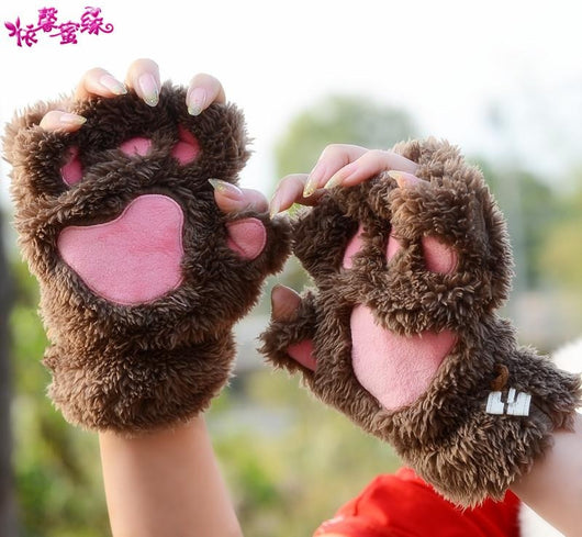 Lovely fingerless gloves Thickening fluffy bear's-paw gloves lovers gifts