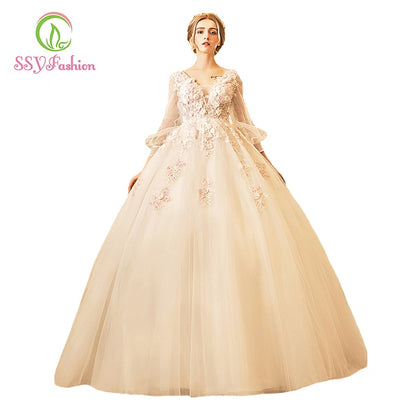 SSYFashion 2017 new high-end wedding dress the bride princess huxury long sleeved lace flower beading floor-length ball gowns