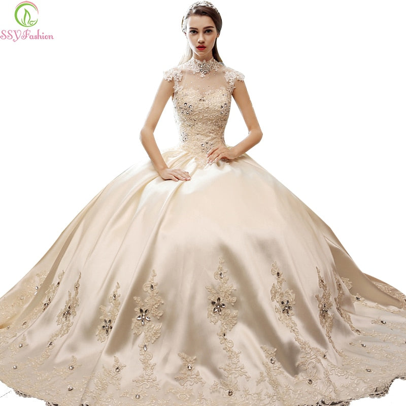 Vestido De Novia Retro Palace SSYFashion Princess Bride Wedding Dress High Collar Luxury Satin Lace Flower Long Ball Gown Custom