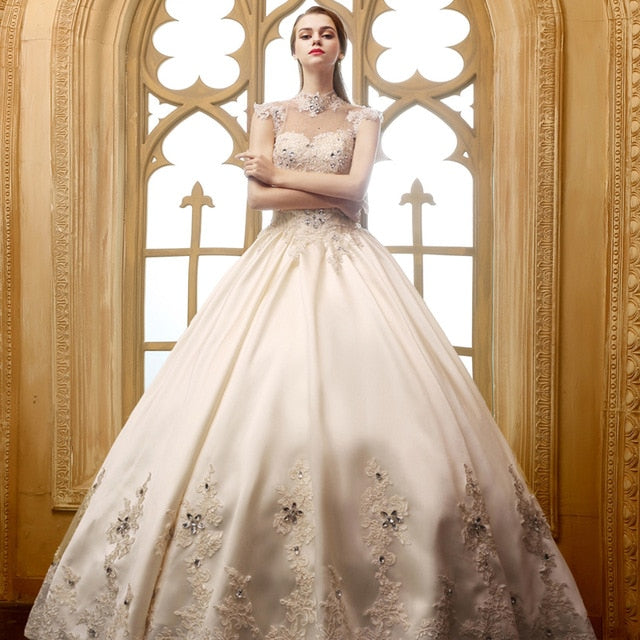 Vestido De Novia Retro Palace SSYFashion Princess Bride Wedding Dress High Collar Luxury Satin Lace Flower Long Ball Gown Custom