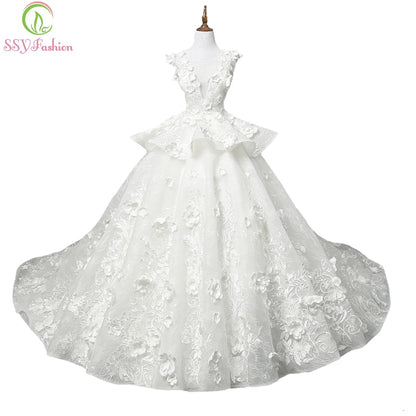 SSYFashion New Luxury Court Train Lace Wedding Dress The Bride Priness Married Appliques Floor-length Ball Gown Vestido De Novia