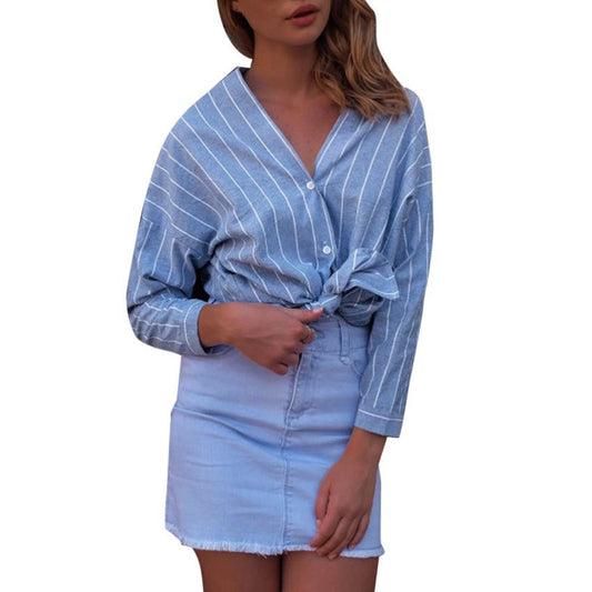 Sexy Blue Stripe Long Sleeve Autumn Blouses Shirts Women V Neck Plaid Shirt Cotton Woven Casual  Street Style Blusas Tops