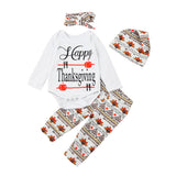 Thanksgiving Newborn Infant Kids Baby Boy Clothes Letter Long Sleeve Romper Tops+Floral Pants+hat Headband Baby 4pcs Outfits Set