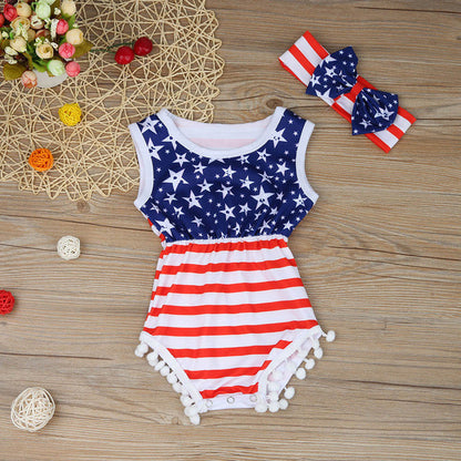 Newborn Baby Rompers American Flag Pattern Baby Clothing Set Rompers + Headbands 2pcs Summer Infant Jumpsuit Girl Boys Rompers