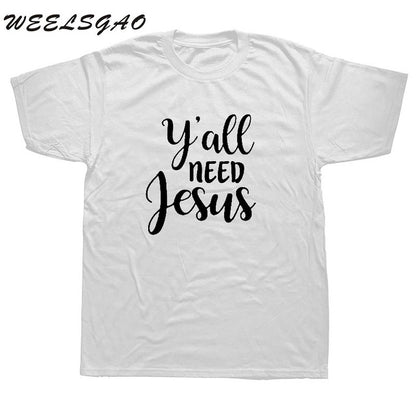 WEELSGAO Christian Tee shirt Y'all Need Jesus Slogan T Shirt Men T-shirt Black White Letters Graphic Tees Top