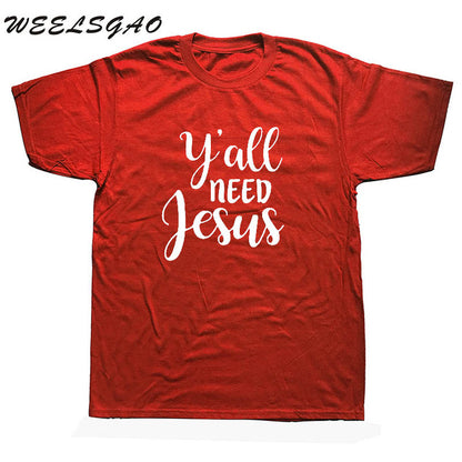 WEELSGAO Christian Tee shirt Y'all Need Jesus Slogan T Shirt Men T-shirt Black White Letters Graphic Tees Top