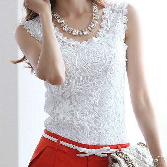 Women Lace Patchwork Blouse Shirt Casual Top Sexy Sleeveless White Blouse Ladies Summer Elegant Female Blouses Big Large Size