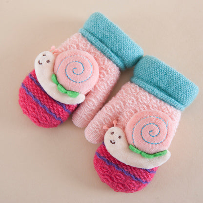 Fingerless Wool Knit Fleece Lined Gloves Mittens Snail Decor Winter Hand Warmer for Children Baby