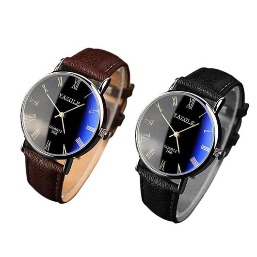 2PC Luxury Fashion Faux Leather Mens Quartz Analog Watch Watches