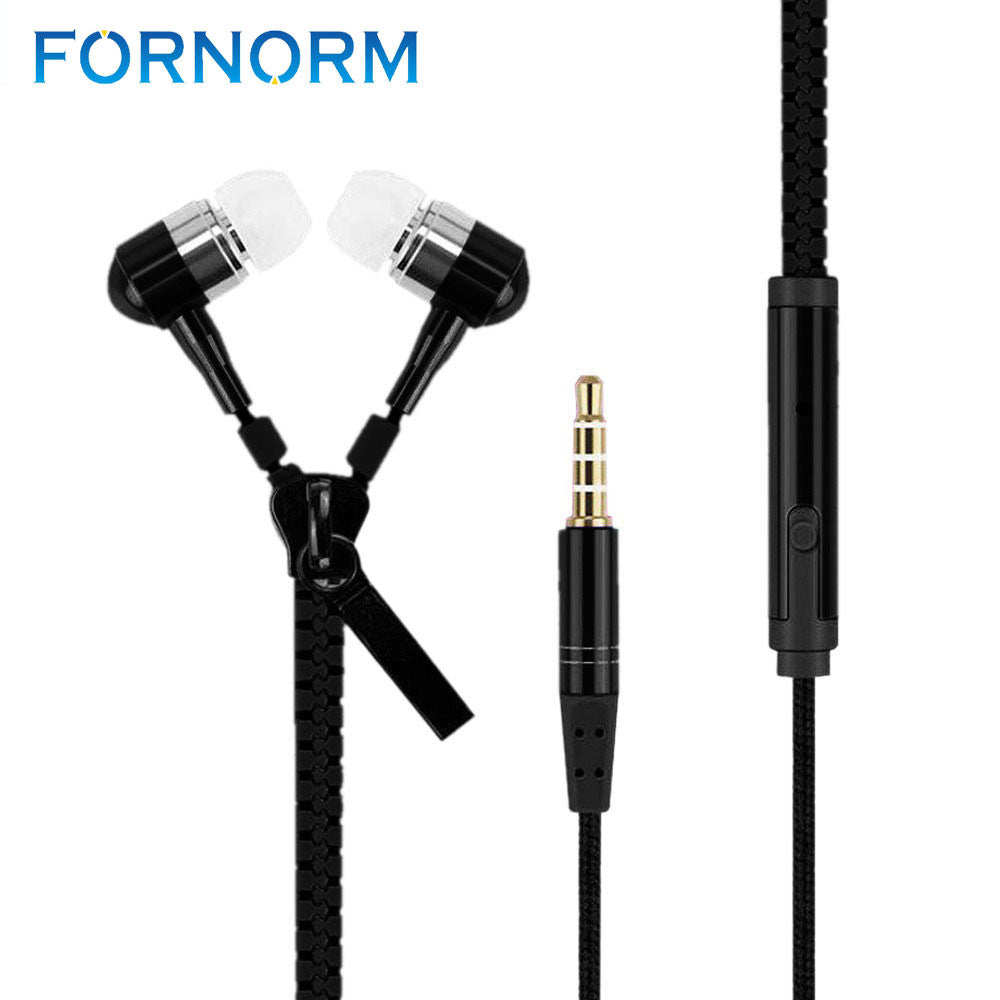 Zipper Earphone in-Ear Metal MP3 Music 3.5mm with Microphone Stereo Cellphone Earpieces for iPhone/Samsung Smart Phone