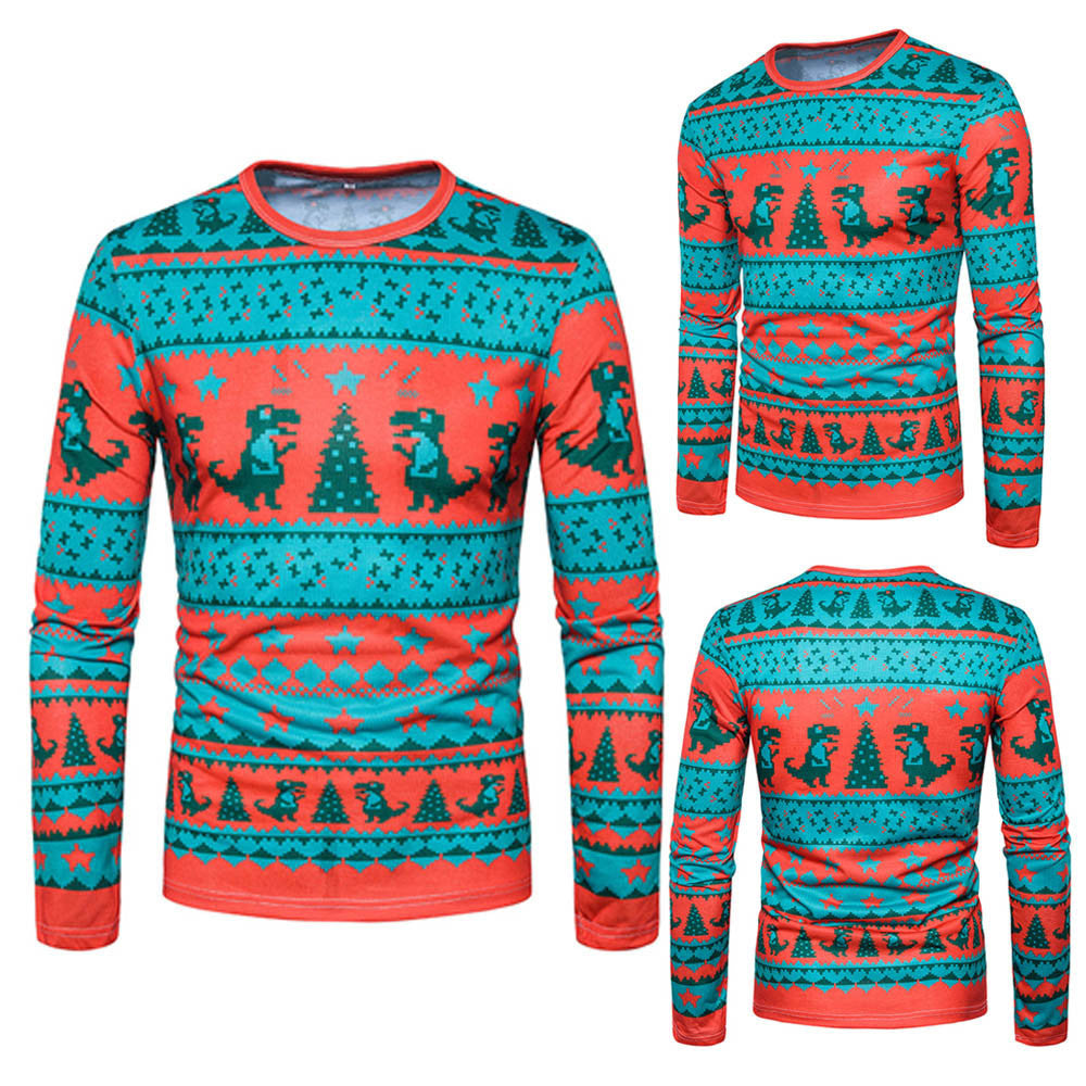  Men Autumn Winter Xmas Christmas PrintingTop Men's Long-sleeved T-shirt Blouse