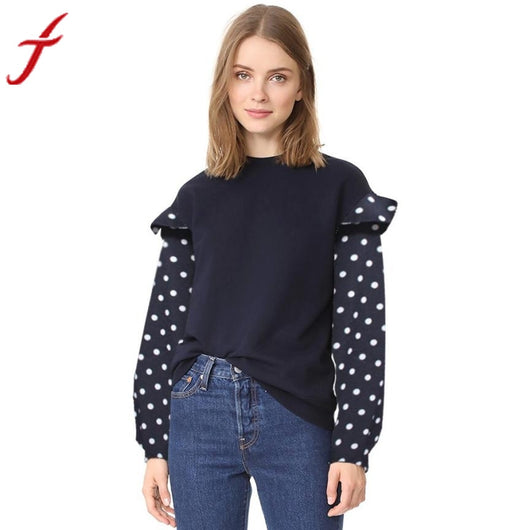 Feitong Ruffles Blouse Womens Casual Dot Printed Stitching O Neck Long Sleeve Top Blouse Fashion Style Patchwork Autumn Blusas