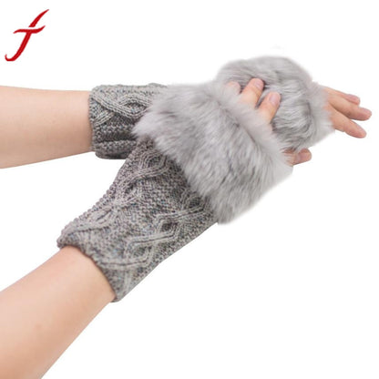 Feitong Winter Gloves Women Girl Warm Winter Faux Rabbit Fur Knitted Wrist Fingerless Gloves Mittens Cold-weather street wear#3