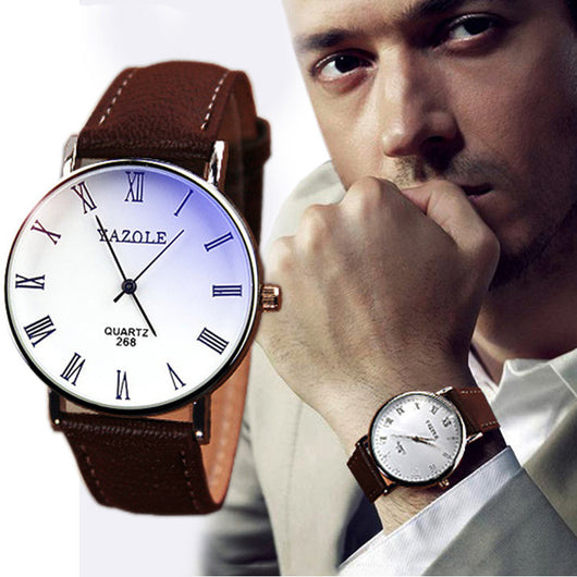 HOTLuxury Fashion Faux Leather Mens Analog Watch Watches Brown Strap