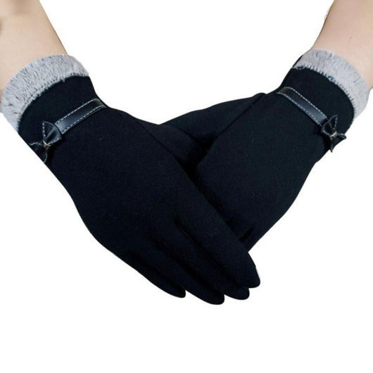 Fashion Patchwork Glove 2017 Women Winter Warm Bow Fur With Velvet Driving Full Finger Touchdscreen Outwear Gloves & Mittens