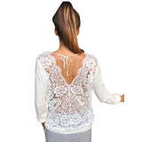 Feitong Sexy Backless Blouse White Black Shirt Women O-Neck Lace Long Sleeve Sweatshirt Pullover Tops Blusas
