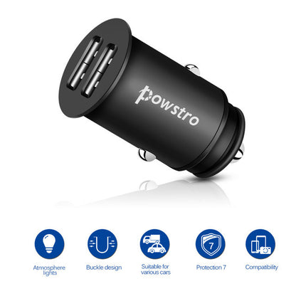 Powstro Zinc Alloy Car Charger 5V 4.8A Dual USB Metal Body Mobile Phone Car Charger Adapter Universal For All Phone MP3 Tablet