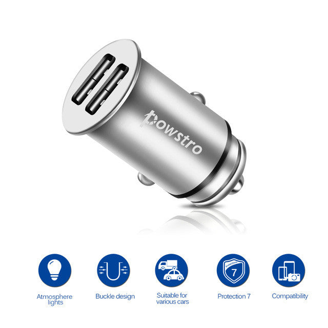 Powstro Zinc Alloy Car Charger 5V 4.8A Dual USB Metal Body Mobile Phone Car Charger Adapter Universal For All Phone MP3 Tablet