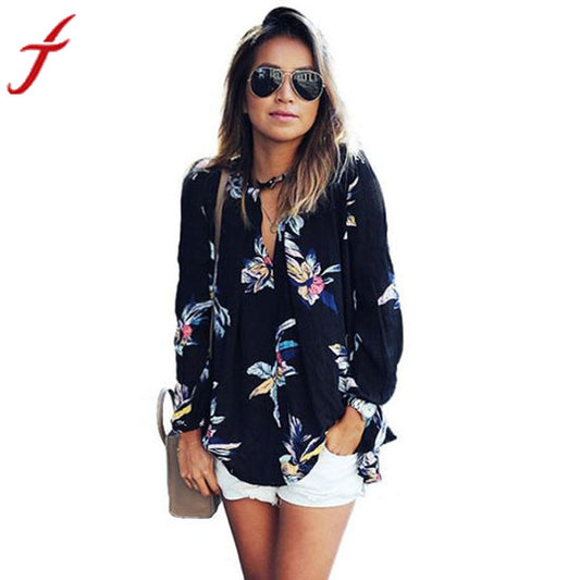 Womens Chiffon Blouse 2016 Fashion Floral Printing Loose Long Sleeve Tops V-Neck Lady Clothes #LEN1