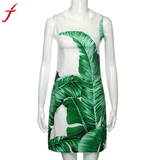 white Summer Dress 2017 Women Casual Green leaf Print Sleeveless Zipper Back Tank Mini Dress vestido feminino