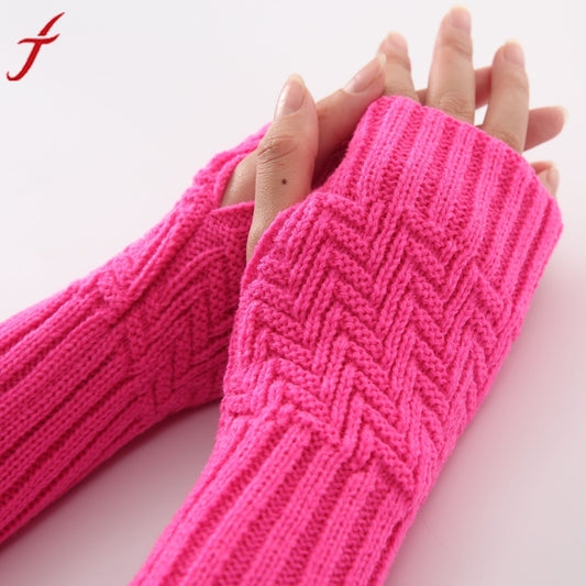 Women Fashion Knitted Arm Sleeve Winter Gloves Soft Warm Mitten Fingerless Gloves Mitten Long Gloves #LYW