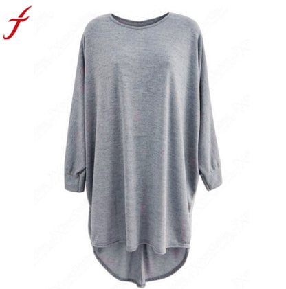 Women Blouse High Low Dip Hem Baggy Long Batwing Oversized Casual O-neck Wear Long Top Blouse Gray Black