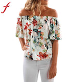 Summer Off Shoulder Blouse 2017 Sexy Women Fashion ShortSleeve Floral Printed Casual Shirt loose white blusa camisetas mujer Top