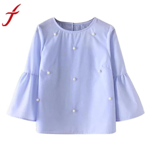 Women Fashion Flare Sleeve Office Street Style Elegant Three Quarter Blouse Beading Blouse O-Neck Casual Blue Pink Shirt Tops