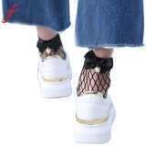 Fish Net Short Socks Women Ruffle Fishnet Ankle High Socks Bow Tie Hollow Out Thin Mesh Lace Chaussettes Femme