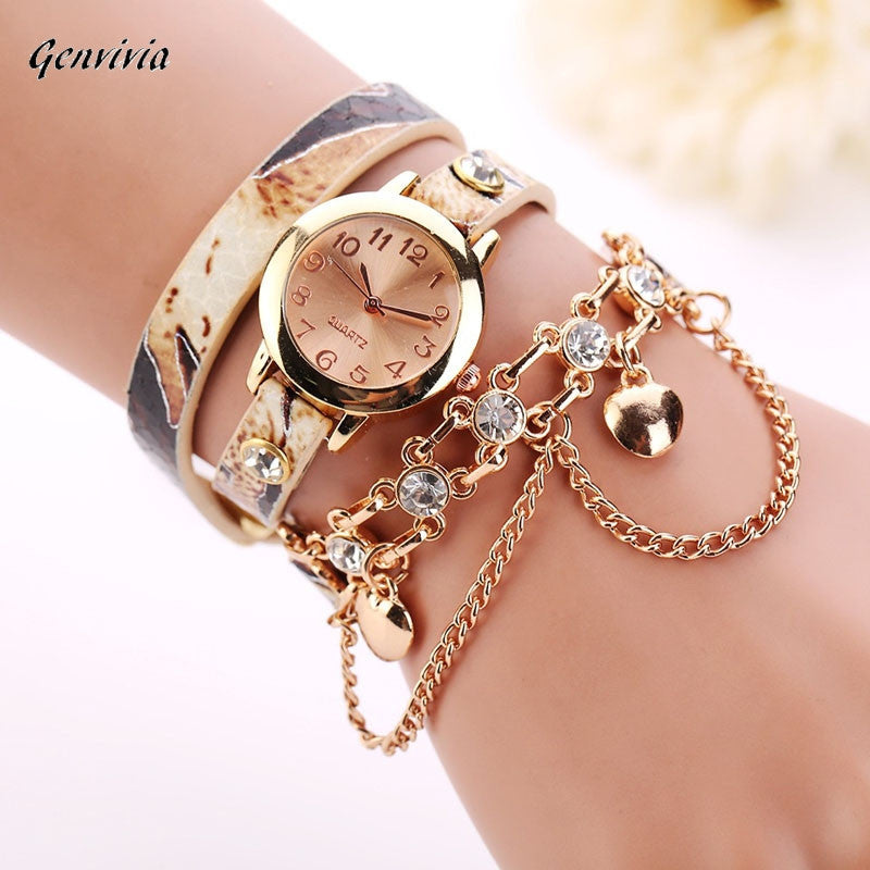 Woman Leather Rhinestone Rivet Chain Quartz Bracelet Wristwatch Watch Luxury Brand Stainless Steel watches Ladies Feminino