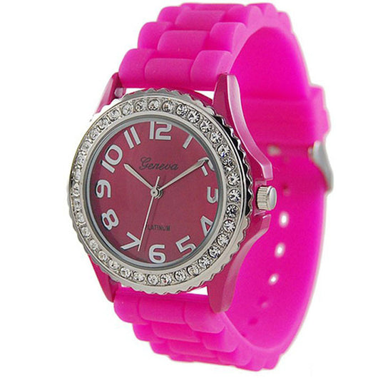 Hot Pink Silicone Gel Ceramic Style Band Crystal Bezel Watch