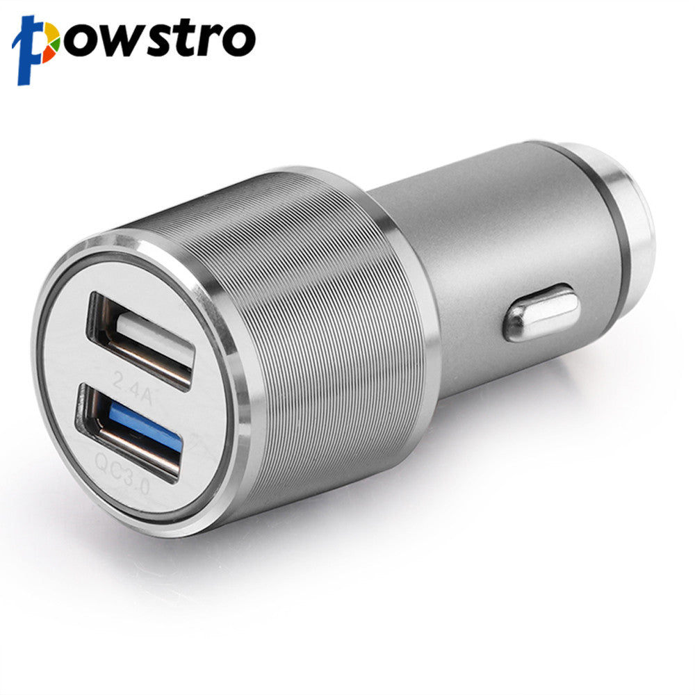 Powstro 12V~24V Quick Charge 3.0 Car Charger Metal Silver Dual USB Phone Adapter fast charging Mobile Phone for Xiaomi Galaxy